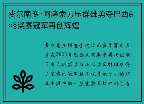费尔南多·阿隆索力压群雄勇夺巴西大奖赛冠军再创辉煌 费尔南多·阿隆索力压群雄勇夺巴西大奖赛冠军再创辉煌