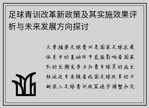 足球青训改革新政策及其实施效果评析与未来发展方向探讨
