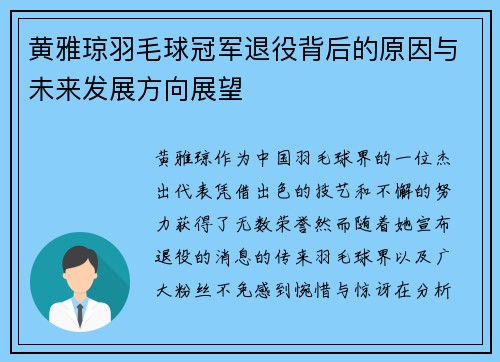 黄雅琼羽毛球冠军退役背后的原因与未来发展方向展望